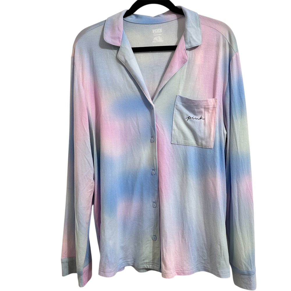 NWT PINK Victoria's Secret Sleep Shirt Button Down Pajama Top Tie Dye Womens S‎